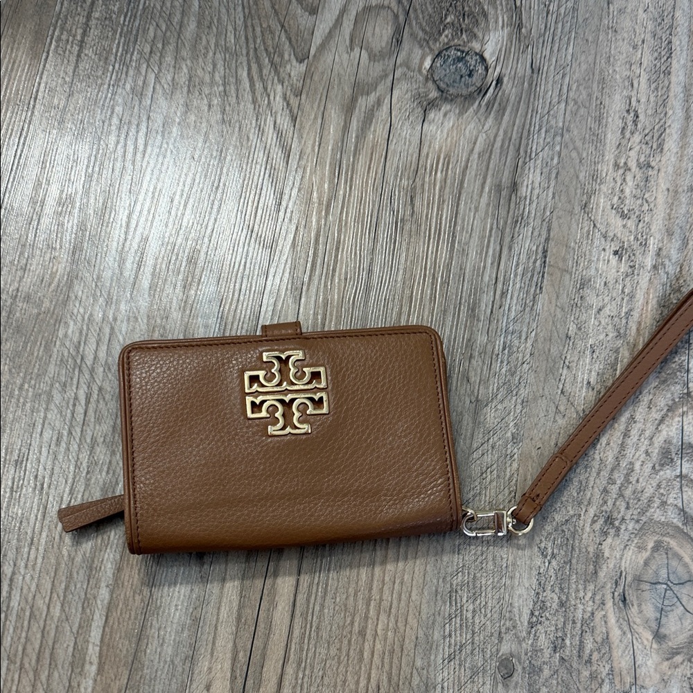 Vintage Tory Burch Brown Leather Wristlet with Gold Logo